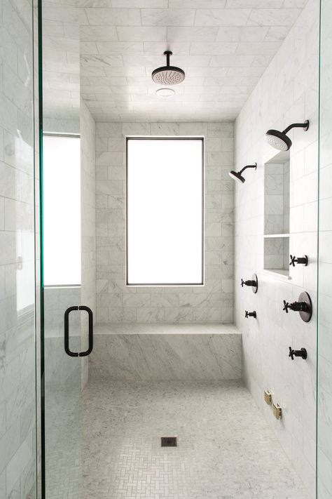 Black Finishes in Walk-in Marble Shower Double Shower Heads, Standing Shower, Window In Shower, Marble Showers, Modern Mountain Home, Double Shower, Master Shower, Shower Bench, Modern Mountain