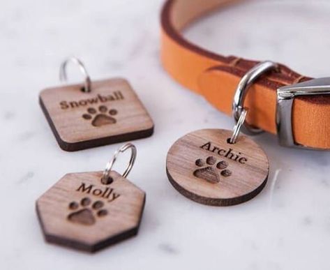 Laser Cut Wood Crafts, Custom Pet Tags, Pet Tags Personalized, Laser Engraved Ideas, Wooden Dog, Pet Tags, Laser Cut Wood, Paw Prints, Diy Stuffed Animals