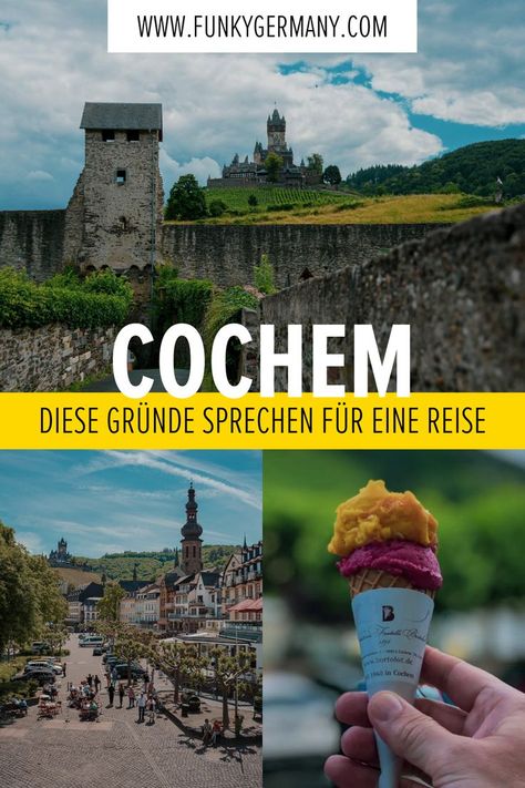 Menschenmassen auf dem Marktplatz. Trubel auf der Promenade und in den Gassen zwischen Mosel und Altstadt. Das gehört in dem Moselstädtchen zum Alltag. Doch es gibt gute Gründe für einen Besuch in Cochem. Wir zeigen euch die interessantesten Orte für den Genuss regionaler Leckereien, das beste Eis, die besten Ideen zur Erkundung des Städtchens – und natürlich einen Klassiker, Reichsburg Cochem. Jetzt Pin merken und zum Artikel für Deine Urlaubsinspiration durchklicken! Street Art, Walking, Movie Posters, Art, Film Posters