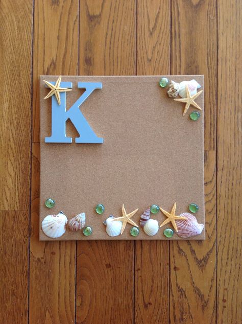 Beach Themed Cork Board - Great gift for friends and super easy!  Items: square cork board, painted wooden letter, glass pebbles, dried sea stars, sea shells Painting Wooden Letters, Glass Pebbles, Sea Stars, Wooden Letter, Sea Star, Beach Theme, Beach Themed, Cork Board, Wooden Letters