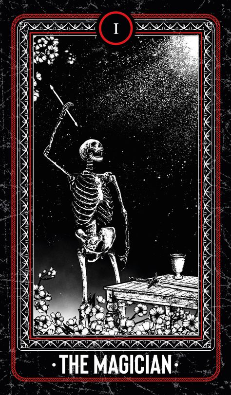 The Magician from "The Bones Arcana" Tarot set by Junaid Mortimer, @jumo.art The Magician Tarot Wallpaper, The Bones Arcana Tarot, Tarot Cards Magician, Magician Tarot Card Art, Tarot Cards The Magician, The Magician Tarot Card Art, Skeleton Tarot Cards, Skeleton Cards, Tarot Magician