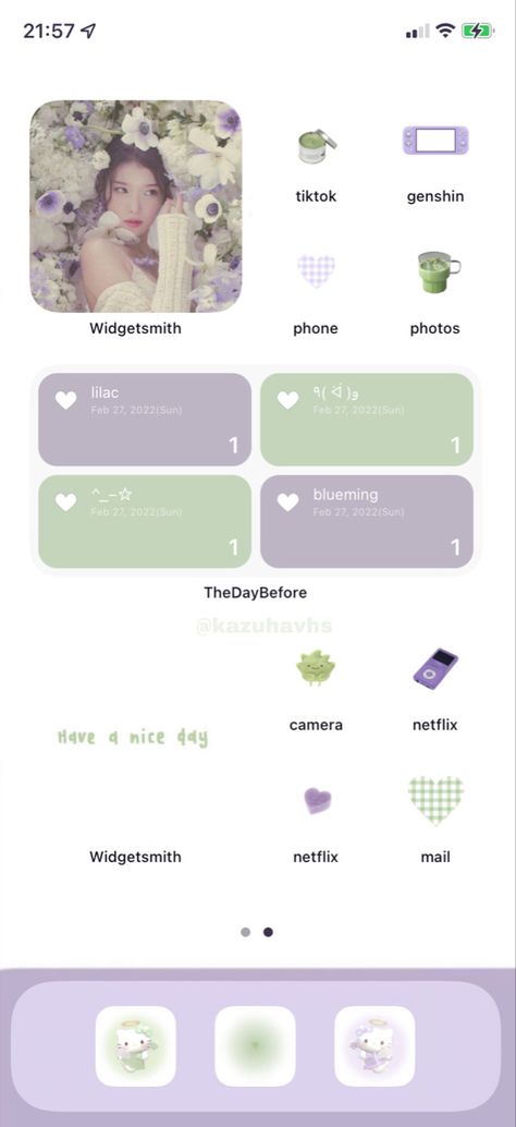 Lilac Png Aesthetic, Purple Ios Homescreen Ideas, Lilac Kpop Aesthetic, Green And Purple Homescreen, Purple And Green Phone Theme, Lilac Phone Theme, Light Purple Homescreen, Purple Layout Iphone, Phone Themes Purple