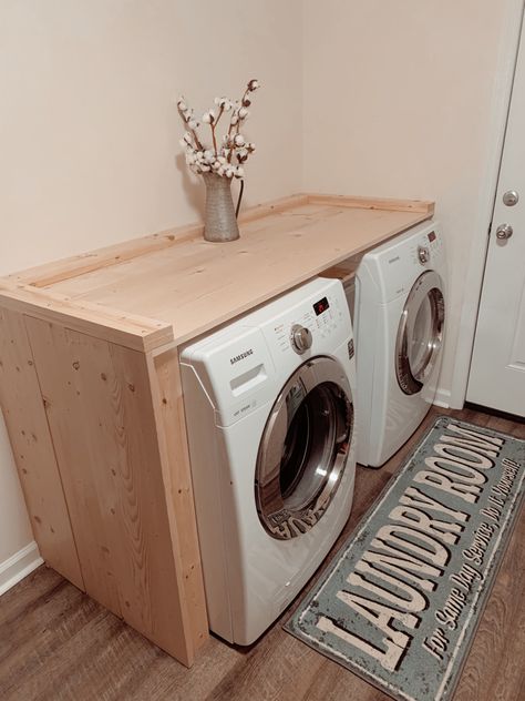 Shelving Over Washer And Dryer, Building Washer And Dryer Platform, Wood Top For Washer And Dryer, Diy Raised Washer And Dryer, Diy Front Loader Pedestal, Washer And Dryer Countertop, Pallet Washer And Dryer Pedestal, Laundry Room Countertop, Laundry Pedestal