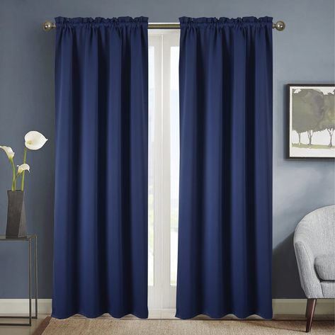 Finding the perfect curtains for your home is no easy task, especially when there are so many great choices available. Choosing the right color to go ... | Navy Blue Curtains for Dark Blue Walls Curtain For Blue Walls, Navy Blue Curtains Bedroom Ideas, Navy Blue Curtains Living Room Ideas, Navy Blue And White Curtains, Curtains For Grey Walls, Dark Blue Curtains, Dark Blue Rooms, Blue Striped Curtains, Dye Curtains