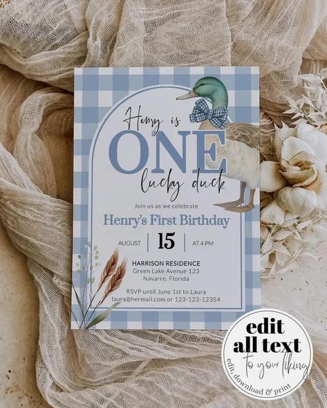 Celebrate your little one's first birthday with our adorable blue "One Lucky Duck" invitation template! Perfect for a boy's duck-themed birthday party, this easy-to-edit, download, and print template will make your party planning a breeze. Capture the essence of "lucky duck" with this charming and customizable invitation, sure to give your guests "goose bumps" of excitement. Get ready to quack up the fun at your "mallard ducks" themed celebration!⁣ ⁣ #luckyduck #duckbirthday #birthdayinvite #... Duck Theme Party, Lucky Duck First Birthday, Duck First Birthday, One Lucky Duck, First Birthday Invite, Goose Bumps, Mallard Ducks, Duck Blue, Boys First Birthday Party Ideas