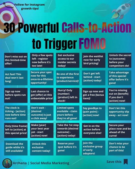 🔥Grab Attention with These 30 FOMO Calls-to-Action! Want to boost your engagement and conversions? Try these 30 powerful FOMO calls-to-action that will make your audience act fast! Why use FOMO in your CTAs? -It taps into the fear of missing out (FOMO), creating a sense of urgency and scarcity that compels people to take action NOW. Who can use these CTAs? -Anyone looking to boost their online presence and sales. From coaches and consultants to e-commerce brands and service providers, t... Sense Of Urgency, Instagram Reach, Fear Of Missing Out, Social Media Strategist, Instagram Marketing Tips, Instagram Strategy, Content Marketing Strategy, Instagram Growth, Call To Action