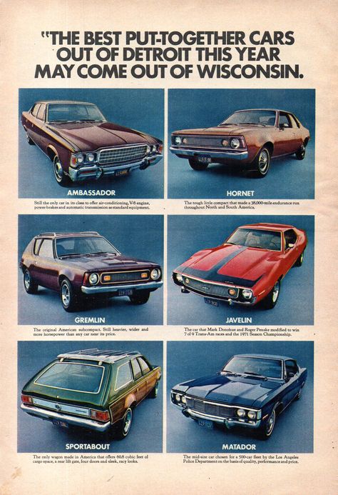 https://flic.kr/p/2gQmUc4 | 1972 American Motors AMC Range Ambassador Hornet Gremlin Javelin Sportabout Matador Page 1 USA Original Magazine Advertisement Amc Hornet, American Motor Company, Amc Gremlin, Amc Javelin, American Motors Corporation, Automobile Advertising, American Motors, Car Advertising, Us Cars