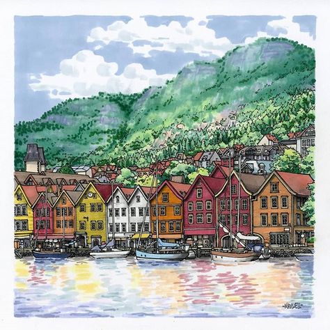 Norway Drawing, Laura Horn, Bergen Norway, Leg Sleeve, Painting Art Projects, Beautiful City, Painting Art, Post On Instagram, Needlepoint