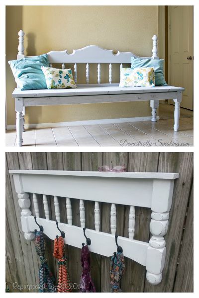 Bed Hacks: Turn old headboards and footboards into benches and coat racks! Koti Diy, Diy Coat Rack, Bed With Posts, Unusual Furniture, Hemma Diy, Diy Furniture Hacks, Diy Furniture Easy, Creation Deco, Creative Furniture