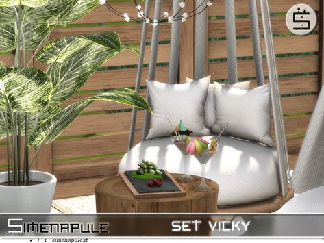 The Sims Resource - Set Vicky Sims 4 Cc Patio Set, Sims 4 Cc Furniture Garden, Sims 4 Hanging Chair, Sims 4 Cc Hammock, Sims 4 Cc Garden, Tree Trunk Coffee Table, Sims 4 Cc Furniture Living Rooms, Wood Room Divider, Cc Furniture