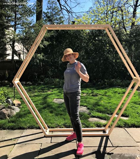 A DIY tutorial to build a giant hexagon frame. Make this large, open frame style hexagon as a backdrop or focal point for your next event. Diy Hexagon Wedding Arch, Arbor Diy, Hexagon Wedding Arch, Loft Diy, Backyard Trellis, Cabin Loft, Lazy Bear, Hexagon Wedding, Wedding Arbor