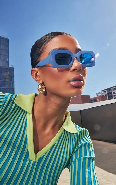 Sunglasses | Women's Sunglasses | PrettyLittleThing USA Blue Outfit Accessories, Blue Frame Sunglasses, Shades Photoshoot, Light Blue Sunglasses, Desain Buklet, Square Frame Sunglasses, Artificial Light, Blue Sunglasses, Model Poses Photography