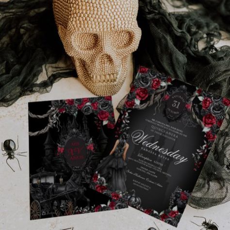 $2.15 | Haunted Quinceanera Black Roses Red Halloween - gothic princess, gothic halloween, gothic quinceanera, halloween quinceanera, fall quinceanera, masquerade ball, dia de los muertos, blood red, red and black quinceanera, burgundy black Halloween Quinceanera, Vampire Halloween Party, Fairytale Invitation, Quinceanera Masquerade, Quinceanera Red, Gothic Fairytale, Black White Halloween, Red Halloween, Masquerade Theme