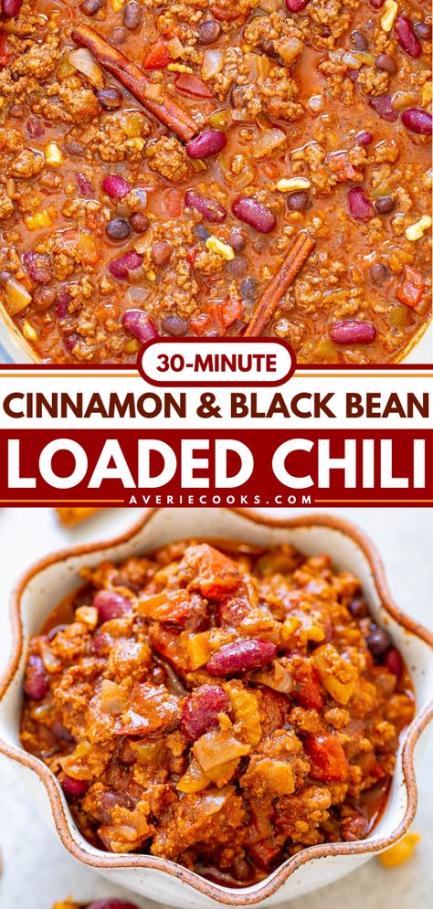 Cinnamon Chili Recipe, Chocolate Chili Recipe, Loaded Chili, Classic Chili, Beef Chili Recipe, Healthy Chili, Chocolate Chili, Averie Cooks, Hearty Comfort Food