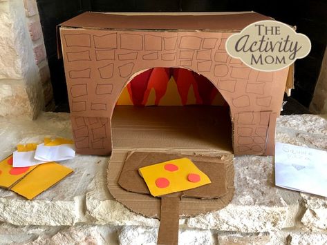 Make a Cardboard Box Pizza Oven  #pretendplay #cardboardbox #itsnotjustabox #craftsforkids #recycledcrafts #pizzaoven Recycled Crafts Kids Projects, Pizza Craft, Cardboard Play, Diy Pizza Oven, Recycled Crafts Kids, Cardboard Box Crafts, Cardboard Toys, Dramatic Play, Upcycled Crafts