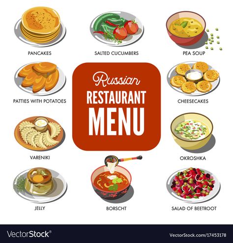 Russian cuisine traditional food icons for Vector Image Russian Meal Aesthetic, Potato Patty, Russia Food, Cucumber Pickles, Culinary Cooking, Cartoon Food, Russian Food, Beetroot Salad, Foreign Food