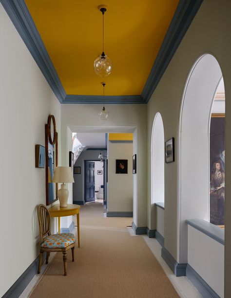 Yellow Ceiling, Joinery Design, Paint And Paper Library, Colored Ceiling, London House, Brown Walls, Up House, Painted Ceiling, Bedroom Paint