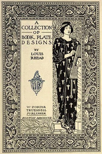 Ex libris by Art Nouveau illustrator Louis Rhead (1857â1926). Frontispiece of A Collection of Book Plate Designs, published in 1907 http://www.johncoulthart.com/feuilleton/2010/04/29/louis-rhead-bookplates/ Old Book Cover, Bookplate Design, Illustration Art Nouveau, Plate Designs, Vintage Book Covers, Beautiful Book Covers, 카드 디자인, Beautiful Books, Illustration Vintage