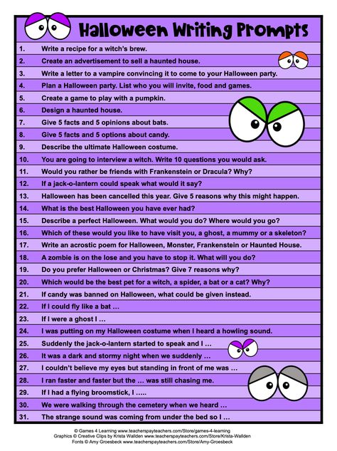 Halloween Writing Prompts - Fun writing ideas for Halloween! Halloween Writing Prompts First Grade, Halloween Writing 3rd Grade, Fourth Grade Halloween Activities, Second Grade Writing Activities, Halloween Ela Activities, Halloween Educational Activities, Color By Number Halloween, 5th Grade Writing Prompts, Whiteboard Activities