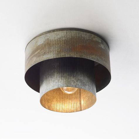 Corrugated Tin Drum Ceiling Light Tin Shower, Drum Ceiling Light, Tin Ideas, Kitchen Industrial, Rustic Ceiling Lights, Barn Tin, Corrugated Tin, Office Light, Tin Panel