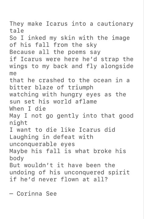 I Am Icarus Poem, Poetry About Greek Mythology, Icarus And Daedalus Tattoo, Greek Myth Poems, Poetry Greek Myth, Icarus Art Greek Mythology, Poems About Greek Mythology, Quotes About Icarus, Icarus Meaning