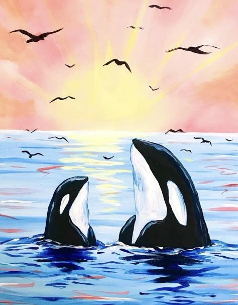 Night Ocean Painting Acrylic, Paint Night Ideas For Beginners, Acrylic Night Painting, Orca Painting Easy, Paint And Sip Ideas Step By Step Easy, Easy Acrylic Painting Ideas For Beginners Step By Step, Easy Canvas Art For Kids, Art Night Ideas, Paint Night Ideas Easy