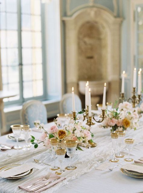 French Table Setting, French Chateau Wedding Inspiration, Old World Wedding, French Chateau Wedding, Wedding Tablescape, Wedding Buffet, European Destination, Chateau Wedding, European Wedding