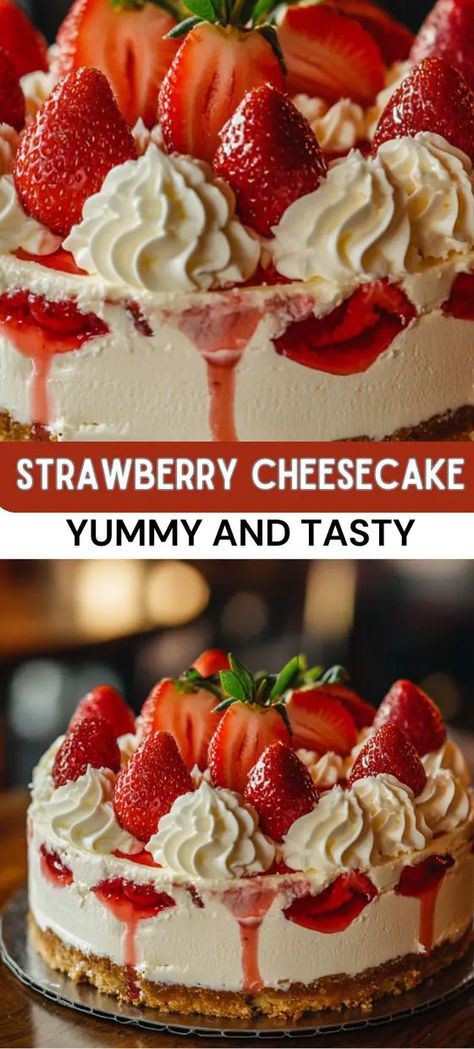 Strawberry Pie Cheesecake, Cheesecake Birthday Cake Decoration, Fruit Cheesecake Recipes, Best Strawberry Cheesecake Recipe, Reese Pie, Strawberry Sauce For Cheesecake, Strawberry Cheesecake Recipes, Strawberry Topping For Cheesecake, Strawberries And Cream Cheesecake