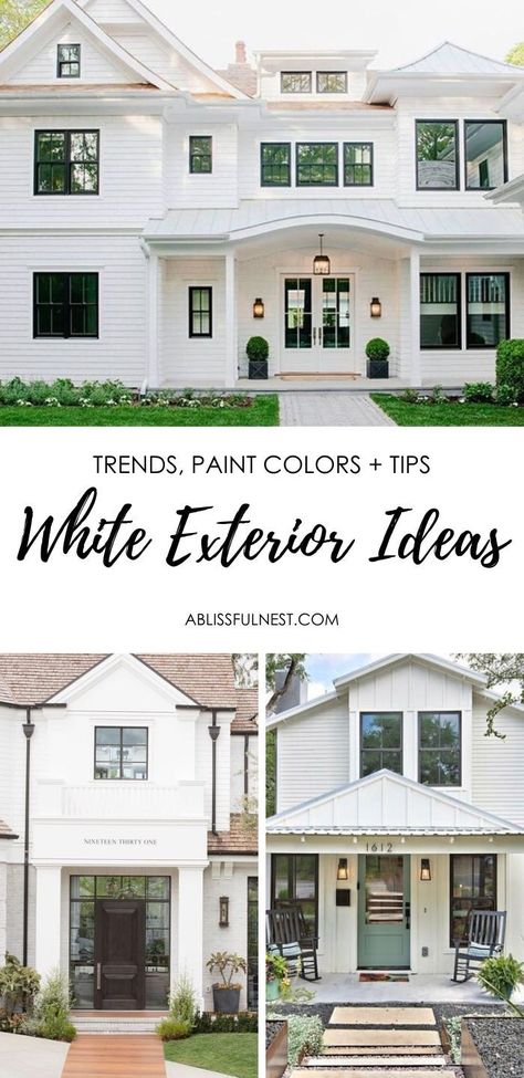 Trends, paint color suggestions and tips on how to get this popular look for your home. #whitehome #whiteexterior #whitepaint #ABlissfulNest White Home Exterior, White Exterior Paint Colors, Home Exterior Ideas, White Exterior Paint, Remodeling Trends, Cheap Dorm Decor, Cheap Office Decor, White Exterior, Home Exterior