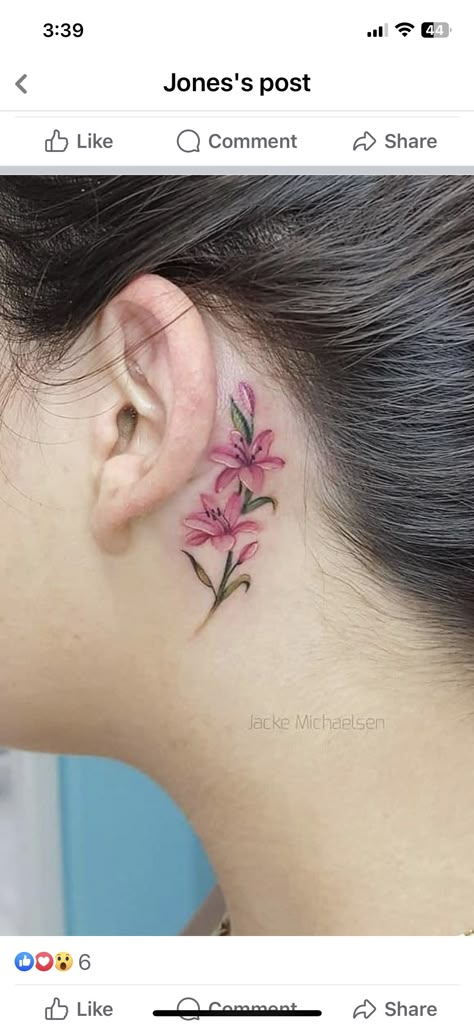 Pastel Tattoos, Lilly Flower Tattoo, Stargazer Lily Tattoo, Back Ear Tattoo, Behind The Ear Tattoos, Lillies Tattoo, Behind Ear Tattoos, Lily Flower Tattoos, Ear Tattoos