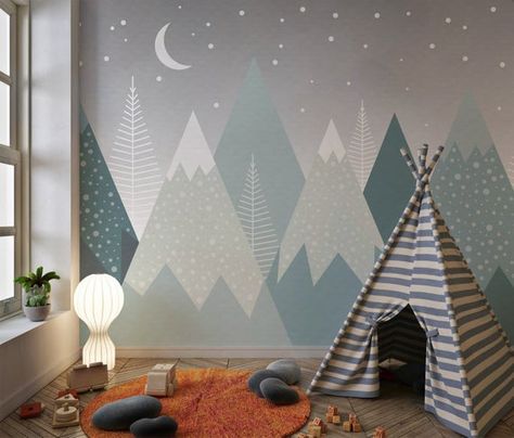 Mountain Nursery Wall, Wallpaper Mountain, Mountain Wall Mural, Mountain Nursery, Kids Room Murals, Nursery Wall Murals, Nursery Mural, Baby Boy Room Nursery, Child Room