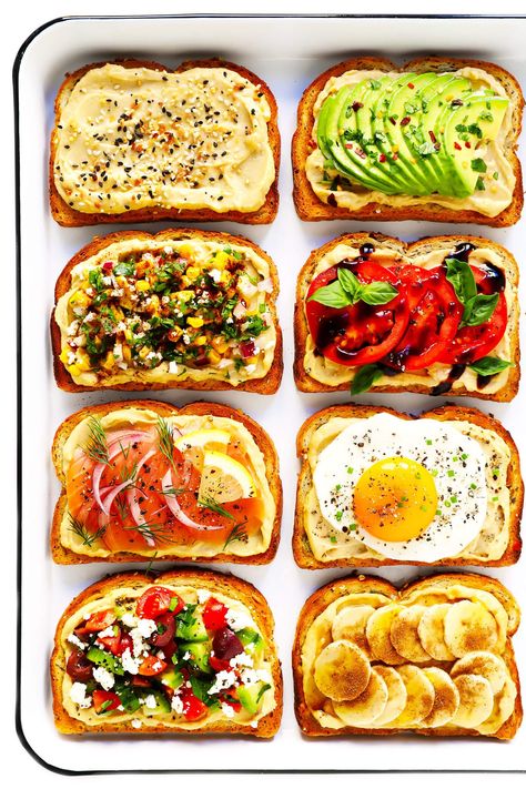 Hummus Toast, Toasted Sandwiches, Healthy Toast, Tomato Basil, Toast Recipes, Breakfast Lunch Dinner, Quick Breakfast, Fried Egg, Healthy Foods To Eat