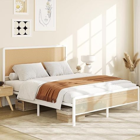 Amazon.com: GAOMON Full Size Rattan Bed Frame with Headboard, Modern Style Cane Boho Bed Frames with Heavy Duty Sturdy Steel Slat Support, No Box Spring Needed, White : Home & Kitchen Boho Bed Frames, Boho Bed Frame, Light Headboard, Rattan Bed Frame, Headboard Modern, Modern Style Bed, Boho Bed, Rattan Style, Rattan Bed