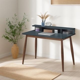 Dark Blue Desk, Wooden Writing Desk, Solid Wood Writing Desk, Wood Office Desk, Desk Brown, Wood Writing, Writing Desk Modern, Blue Desk, Storage Desk