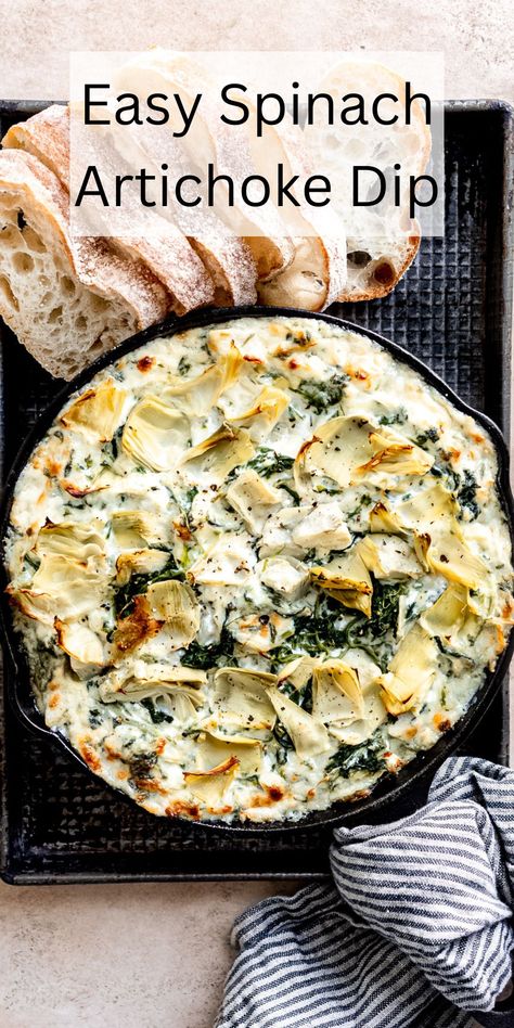 This super easy Spinach Artichoke Dip is cheesy, full of flavor, and SO quick to whip up for your next gathering! Spinach Artichoke Dip With Cream Cheese, Easy Spinach Artichoke Dip, Hot Spinach Artichoke Dip, Artichoke Spinach Dip Cold, Artichoke Spinach Dip, Simple Spinach Artichoke Dip, Quick Spinach Artichoke Dip, Spinach Artichoke Dip Natasha Kitchen, Tgif Spinach Artichoke Dip