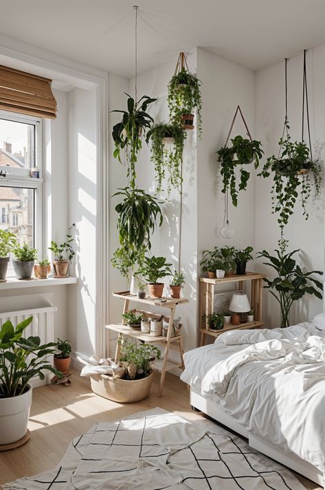 The image showcases a cozy bedroom with a white bed and a large window. The room is adorned with a variety of potted plants, creating a Scandinavian-inspired atmosphere. The plants are placed throughout the room, with some hanging from the ceiling and others placed on the floor or on shelves. The abundance of greenery adds a touch of nature and tranquility to the space, making it an inviting and relaxing environment. Feminine Genius, Bedroom Plants Decor, Earthy Bedroom, Living Room Plants, Scandinavian Bedroom, White Bed, Bedroom Decor Cozy, Large Window, Scandinavian Style Interior