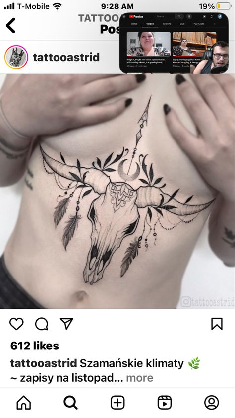 Witchy Underboob Tattoo, Bird Sternum Tattoo, Western Sternum Tattoo, Skull Sternum Tattoo, Under Breast Tattoo Ideas, Deer Antler Tattoos, Underbreast Tattoo, Antler Tattoos, Deer Skull Tattoos