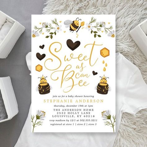 $2.65 | Sweet As Can Bee Honeycomb Bumblebee Baby Shower | Baby Shower Invitations | sweet as can bee, mommy to bee, bumblebee, honeycomb, honey bee, gender neutral, floral daisy, mama to bee, bee baby shower, summer spring baby shower Coed Baby Shower Invitations, Gender Neutral Invitations, Sweet As Can Bee, Bee Baby Shower Invitations, Bee Family, Bee Baby Shower Theme, Mommy To Bee, Bumble Bee Baby Shower, Gender Neutral Baby Shower Invitations