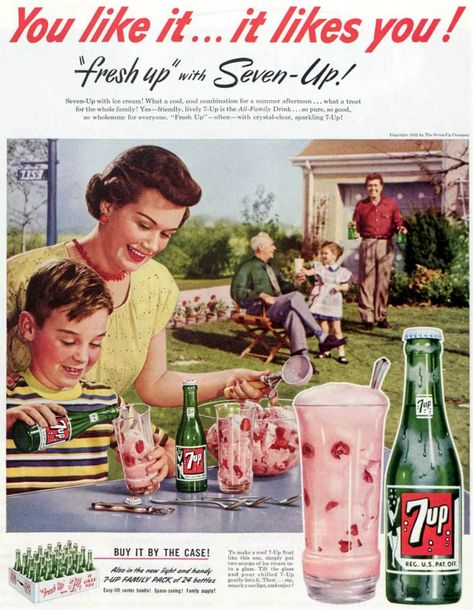 7-Up float: Combine Seven-Up soda & ice cream for a truly retro treat - Click Americana 1950s Ads, 1950s Advertising, Drink Ads, Vintage Food Ads, 7 Up, Retro Food, Old Advertisements, Vintage Coca Cola, Retro Advertising