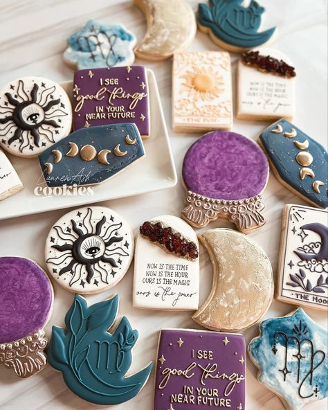 Tarot Cookies Decorated, Zodiac Cookies Decorated, Crystal Cookies Decorated, Witchy Cookies Decorated, Celestial Cookies Decorated, Tarot Card Cookies, Astrology Cookies, Crystal Ball Cookies, Tarot Birthday Party