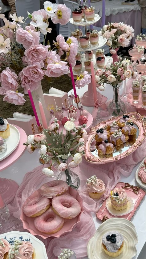 #homedecor, #interiordesign, #homedesign, #decor inspiration Birthday Buffet Aesthetic, Pink Afternoon Tea, Pink Themed Brunch, Bridgerton Party Decor Ideas Diy, Yea Party Desserts, Pink Tea Party Food, Birthday Foods Party, Finger Food For Tea Party, Coquette Dessert Table