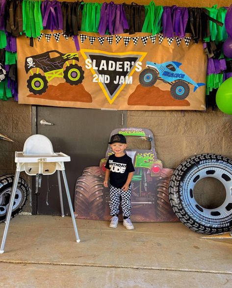 Monster Truck Second Birthday Party, Monster Jam 2nd Birthday, Monster Jam Theme Birthday Party, Monster Jam 3rd Birthday, Monster Jam Birthday Party Ideas Food, Monster Jam Balloon Garland, Megalodon Party, 2nd Birthday Monster Truck Theme, Monster Truck Birthday Decorations