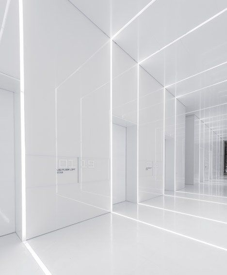 Soho Fuxing Plaza by Aim Architecture Elevator Lobby, Futuristic Interior, Lobby Design, Futuristic Design, Neon Lights, White Aesthetic, My New Room, Space Design, Exhibition Design