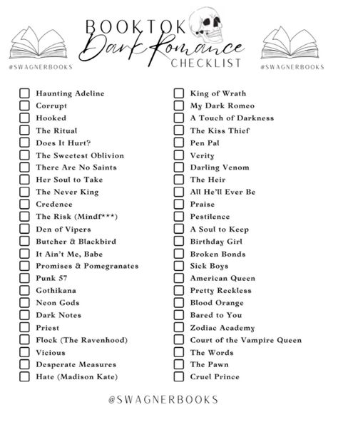 Romance Books Checklist, Booktok Reading List, Dark Romance Book Checklist, Booktok Dark Romance Checklist, Abc Book Challenge, Spicy Book Recommendations List, Dark Romance Checklist, Dark Romance Books Checklist, Tbr List Ideas