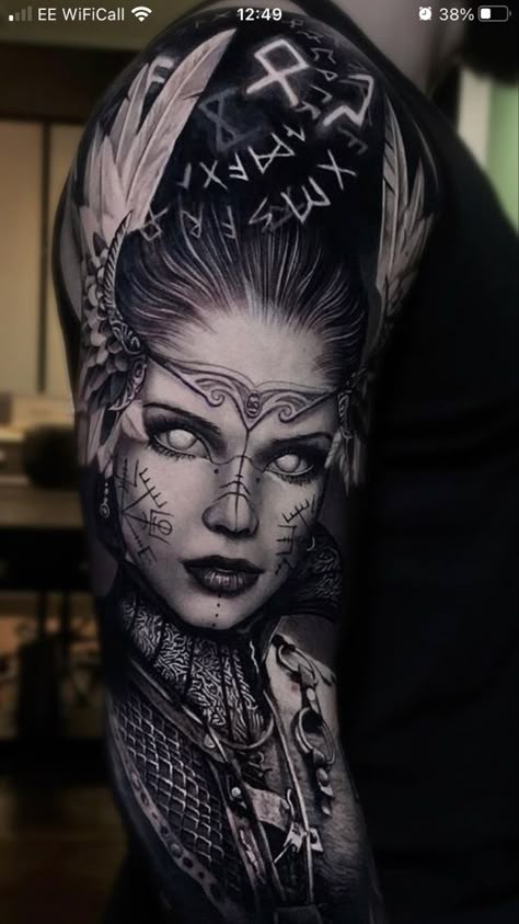 Viking Warrior Tattoos, Norse Mythology Tattoo, Valkyrie Tattoo, Viking Tattoo Symbol, Viking Tattoo Sleeve, Vikings Tattoo, Wicked Tattoos, Warrior Tattoos, Nordic Tattoo