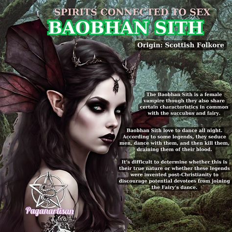 Baobhan Sith ("white women of the woods") is a creature from Scottish folklore. It is said to be a type of vampire or fairy, and is usually depicted as a beautiful woman with long blonde hair and wearing a green dress. According to legend, Baobhan Sith dwells in remote areas of the Scottish Highlands and is known for preying on unwary travelers, especially hunters. She is said to lure men to dance with her, and then drain their blood when they let their guard down. She is known for her sharp... Leanan Sidhe Aesthetic, Scottish Mythical Creatures, Scottish Druid, Vampire Folklore, Fairy Hunter, Fairy Mythology, Scottish Mythology, Scary Legends, Fairies Mythology