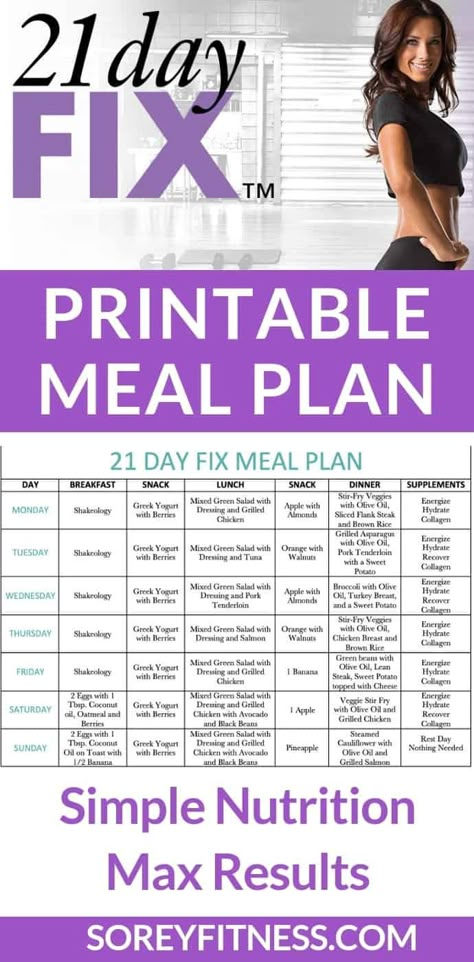 21 Day Fix Meal Plan with Portion Control Containers by Autumn Calabrese & Beachbody - Get Max 21 Day Fix results with this way of eating and meal plan. Get back on track with your weight loss goals! This simple meal plan includes breakfast, lunch, dinner, and snacks, plus FULL a food list, recipes, and meal prep tips for your week! #21dayfix #autumncalabrese #loseweight #diet #weightloss #21dayfixmeallplan 21 Day Fix Results, Simple Meal Plan, 1200 Calorie Diet Meal Plans, Autumn Calabrese, Gym Nutrition, 21 Day Fix Meal Plan, Baking Powder Uses, 100 Calorie, Baking Soda Beauty Uses