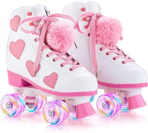 Classic high-top boots, white as the base color of the PU leather inlaid with pink love pattern, with removable plush ball. The women roller skates overall is the classic American sweetheart style If you're looking for the best gift to give a lady, these skates make a great choice. Roller Skates For Kids, Roller Derby Girls, Girls Roller Skates, Barbie Halloween Costume, American Sweetheart, Kids Roller Skates, Barbie Halloween, Derby Girl, European Shoes