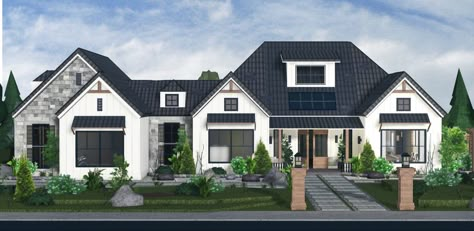 Realistic farmhouse, contemporary, Bloxburg Huge Bloxburg House, Bloxburg Bungalow, Modern Farmhouse Bloxburg, Bloxburg House Exterior Ideas, Bloxburg House Exterior, Bloxburg Farmhouse, Bloxburg Family House, Realistic Bloxburg House Exterior, Bloxburg Realistic House