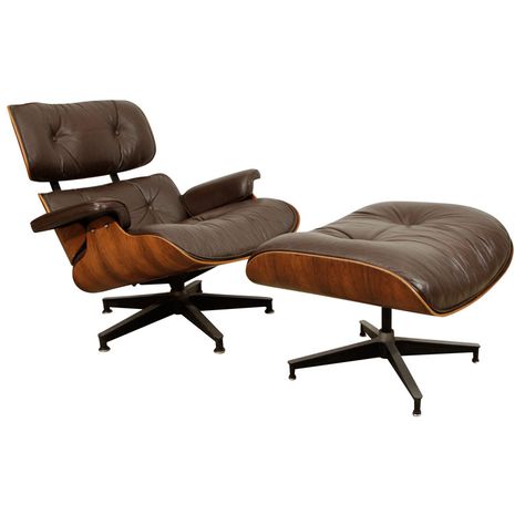 HERMAN MILLER EAMES LOUNGE CHAIR (670) / OTTOMAN (671)  USA  C. 1970's  Herman Miller Eames Lounge chair (670) and ottoman (671) made with Brazilian Rosewood and brown leather. Signed. Herman Miller Eames Lounge Chair, Eames Style Lounge Chair, Sofa Reupholstered, Italian Modern Sofa, Lounge Chair With Ottoman, Herman Miller Furniture, Contemporary Lounge Chair, Herman Miller Eames, Classic Furniture Design